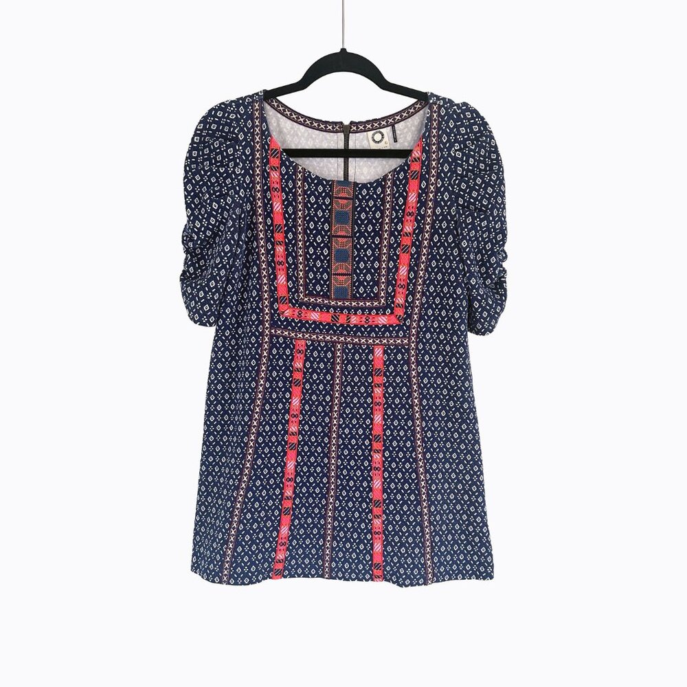 Anthropologie Seva Embroidered Tunic Top Dress Sm Navy Puff Sleeve Cottage Boho